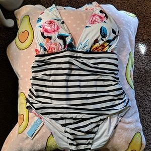  Floral And Stripe Plus Size Halter One Piece Swim